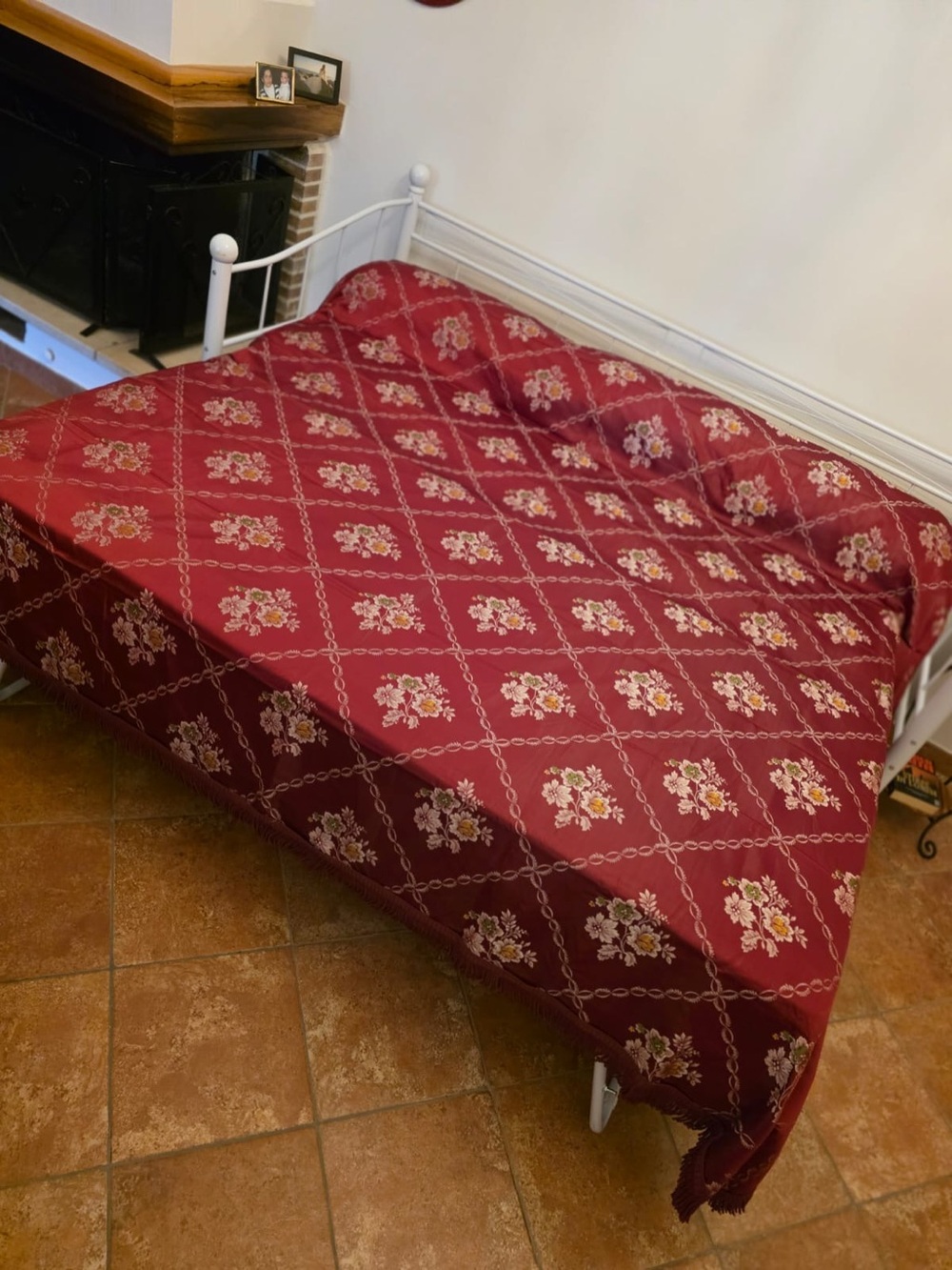 Vintage Italian Bedspread floral fringe embroidered large Satin